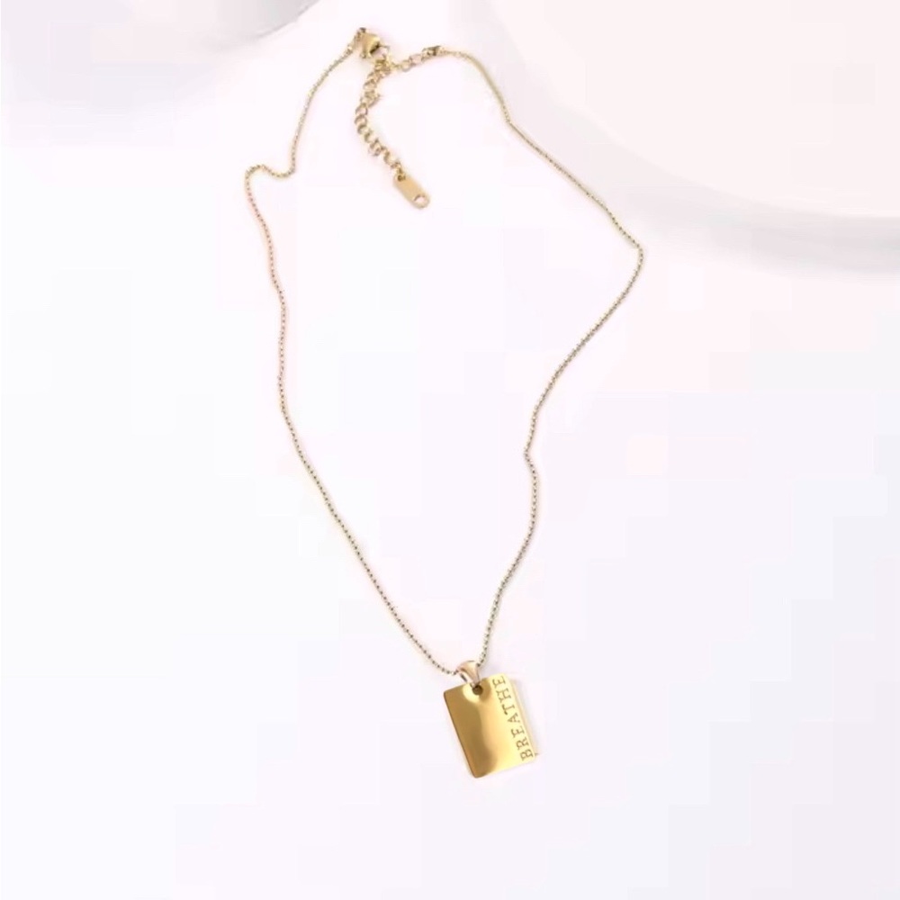 New 18k Gold Steel "Breathe" Tag Statement Square Pendant Necklace - Picture 3 of 5